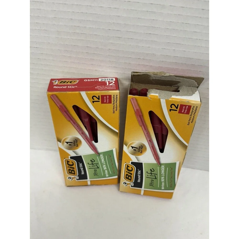 BIC Round Stic Xtra Life Stick Ballpoint Pen 1mm Red Ink Translucent 2 Dozen New